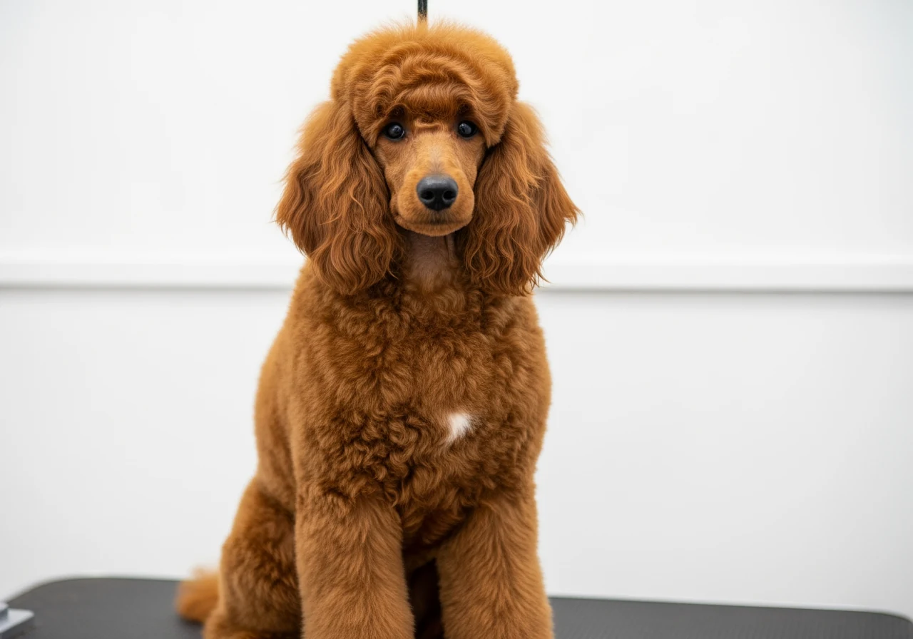 Caniche rouge apres toilettage professionnel