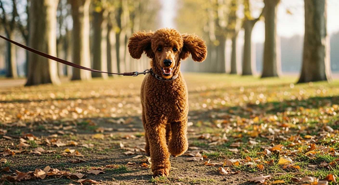 Caniche rouge en promenade dans un parc